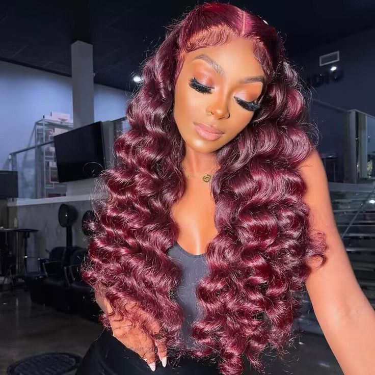 Burgundy •  Loose Deep Wave • Glueless • 13x4 HD Lace